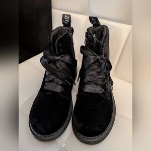 Dr Martens Black Velour Junior Boots. Lace-Up Boots With Side Zipper. Size 3